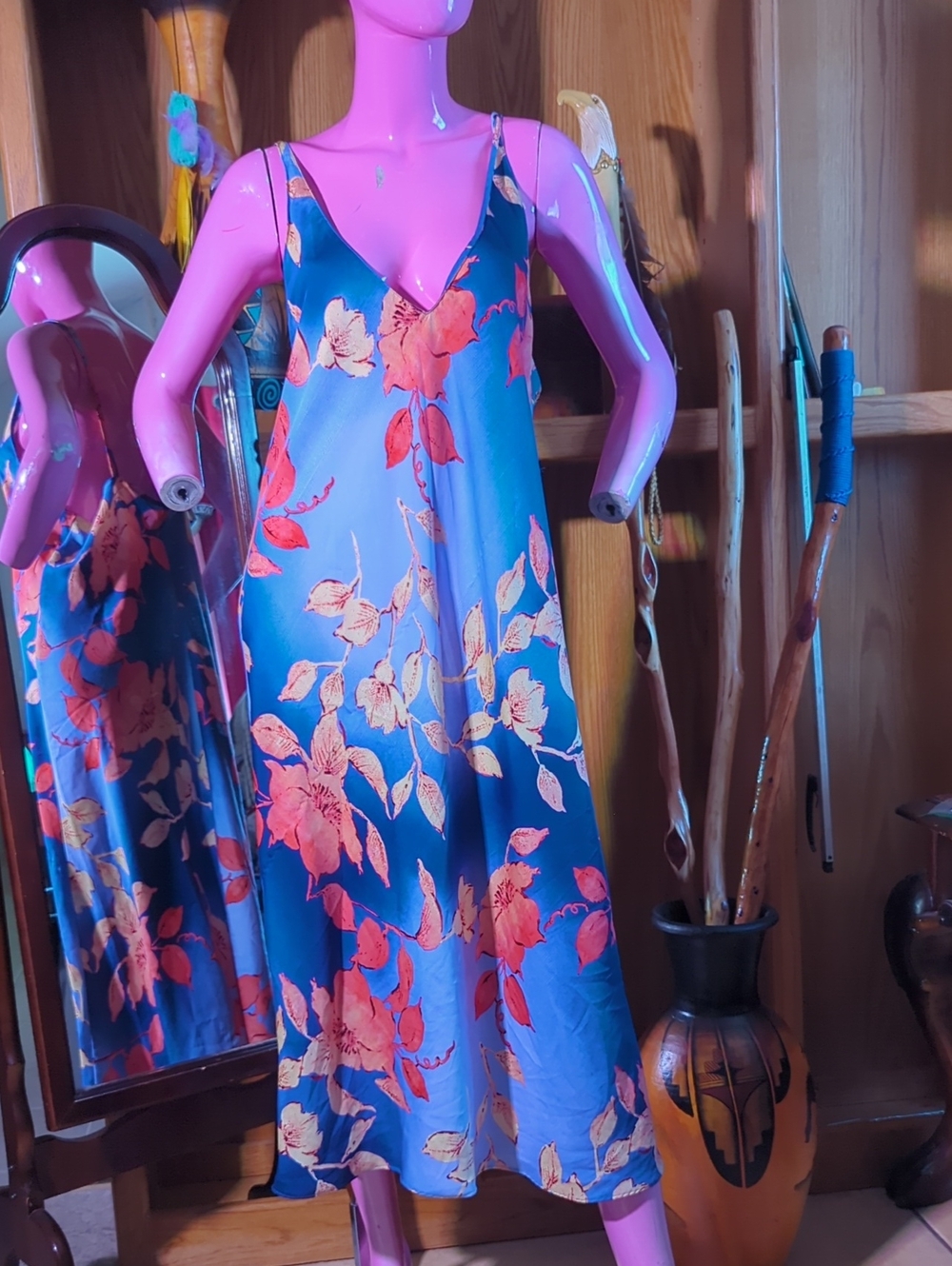 Natori Blue Slip with Pink Floral Accents